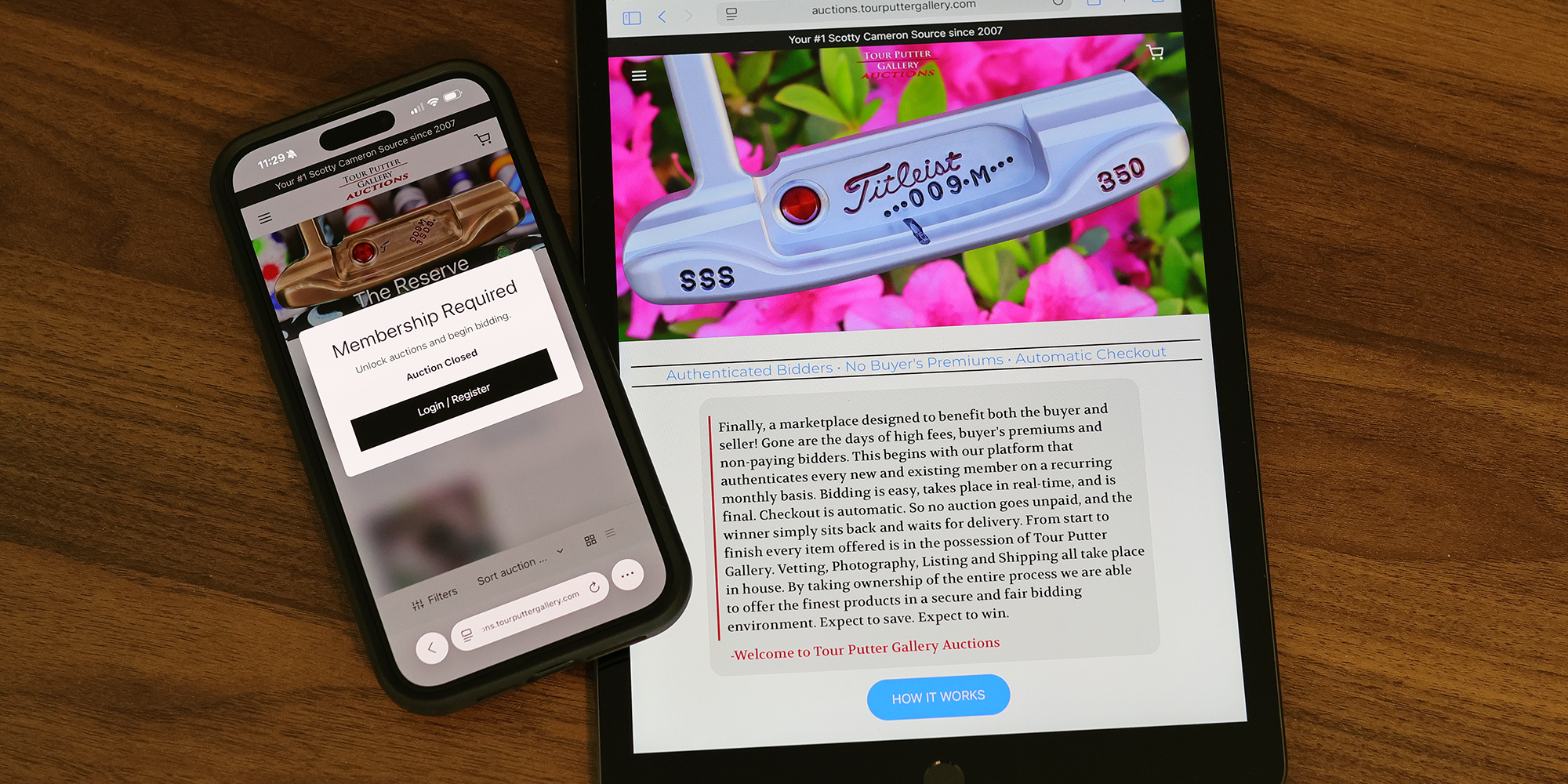 phone and tablet on tour putter gallery auction web pages