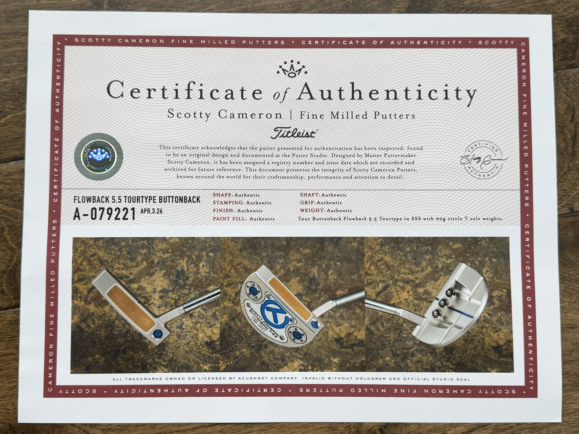 scotty cameron certificate of authenticity coa paperwork for circle t putter golf club