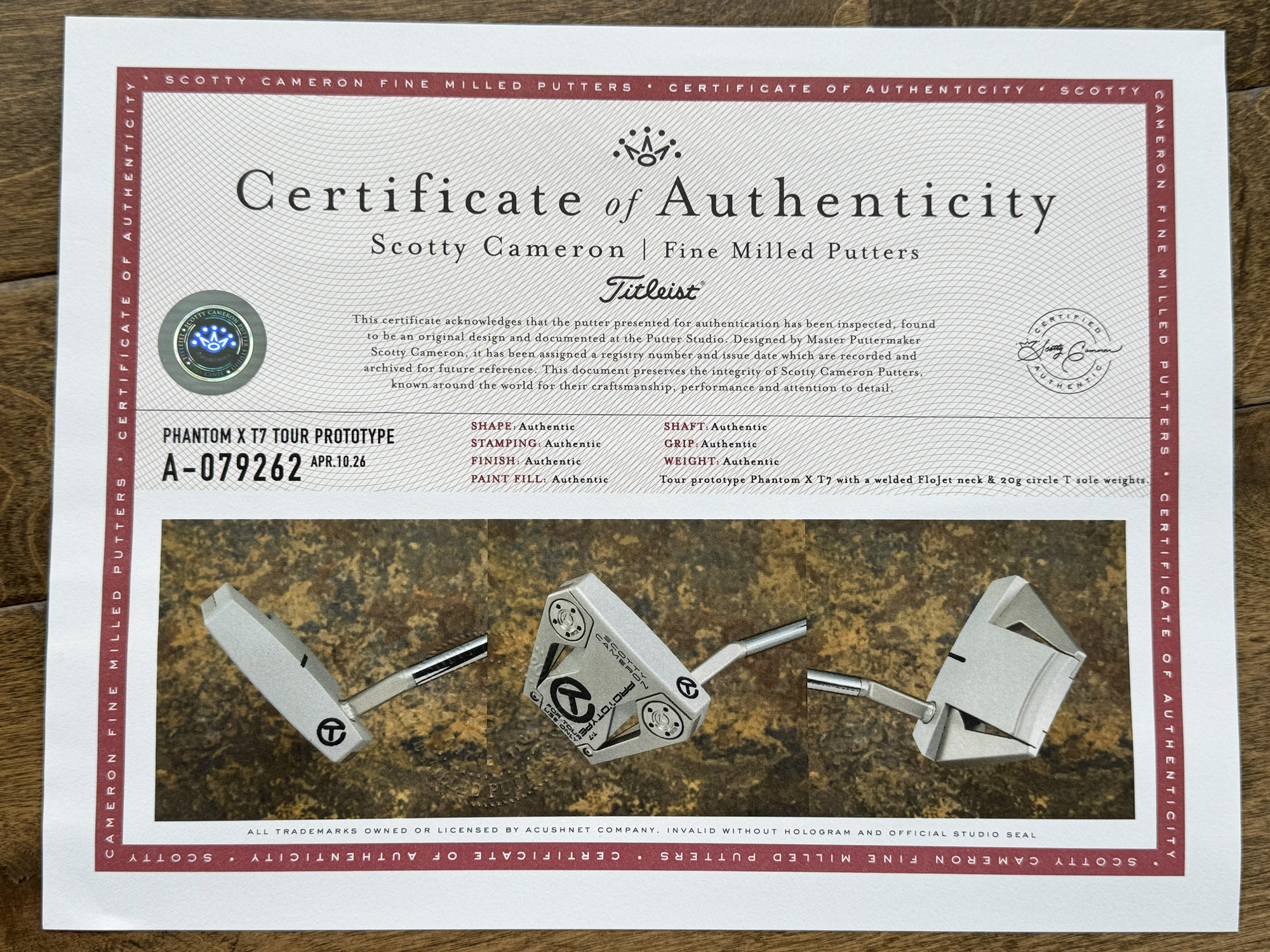 scotty cameron certificate of authenticity coa paperwork for circle t putter golf club