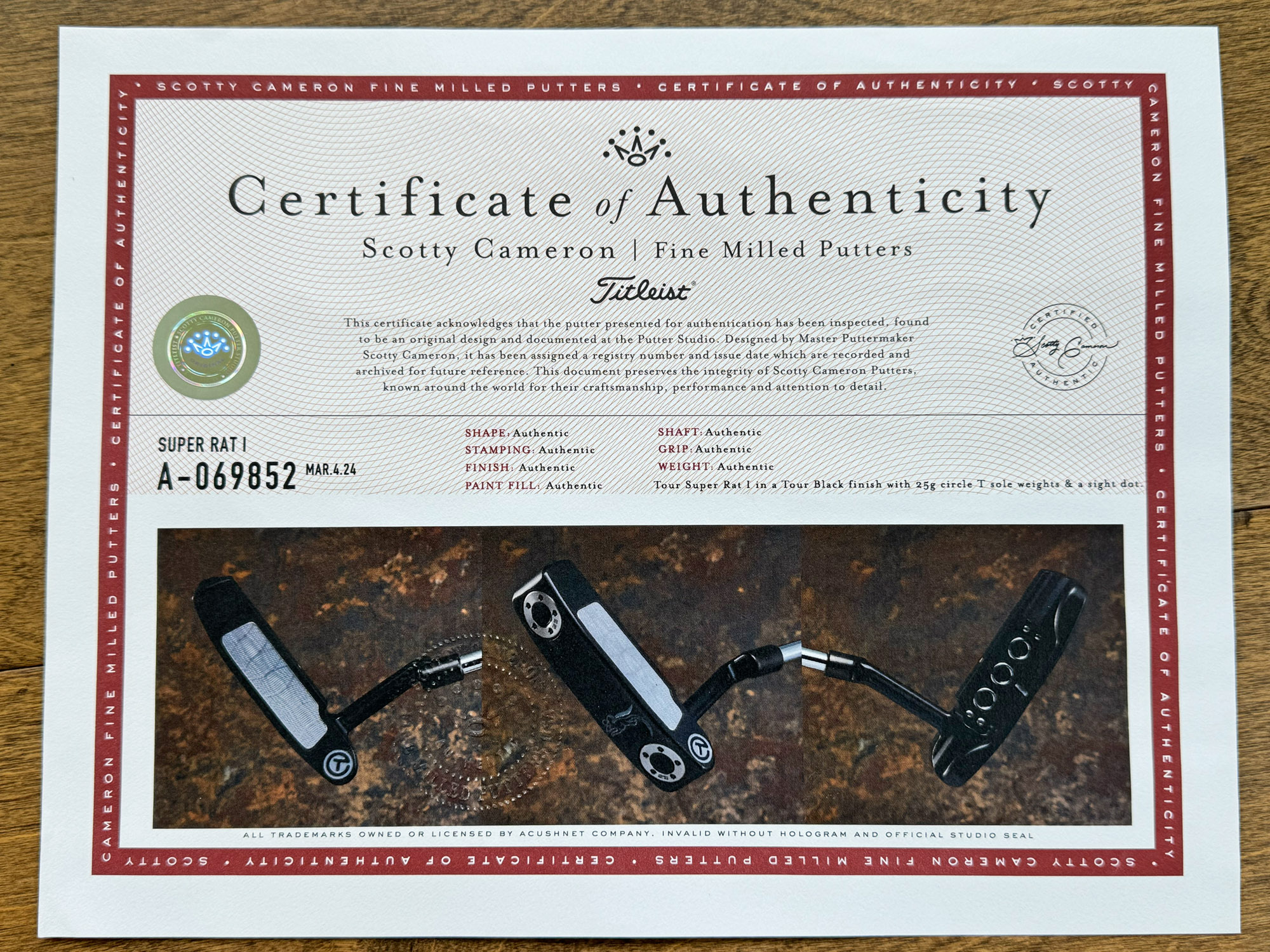 scotty cameron certificate of authenticity coa paperwork for circle t putter