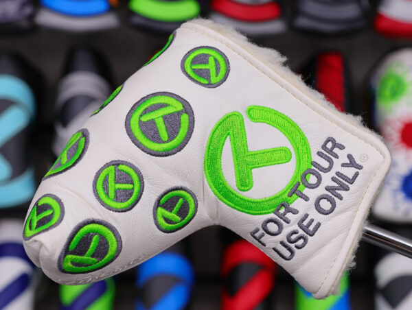 scotty cameron tour only white and lime green dancing circle t patches mid mallet headcover