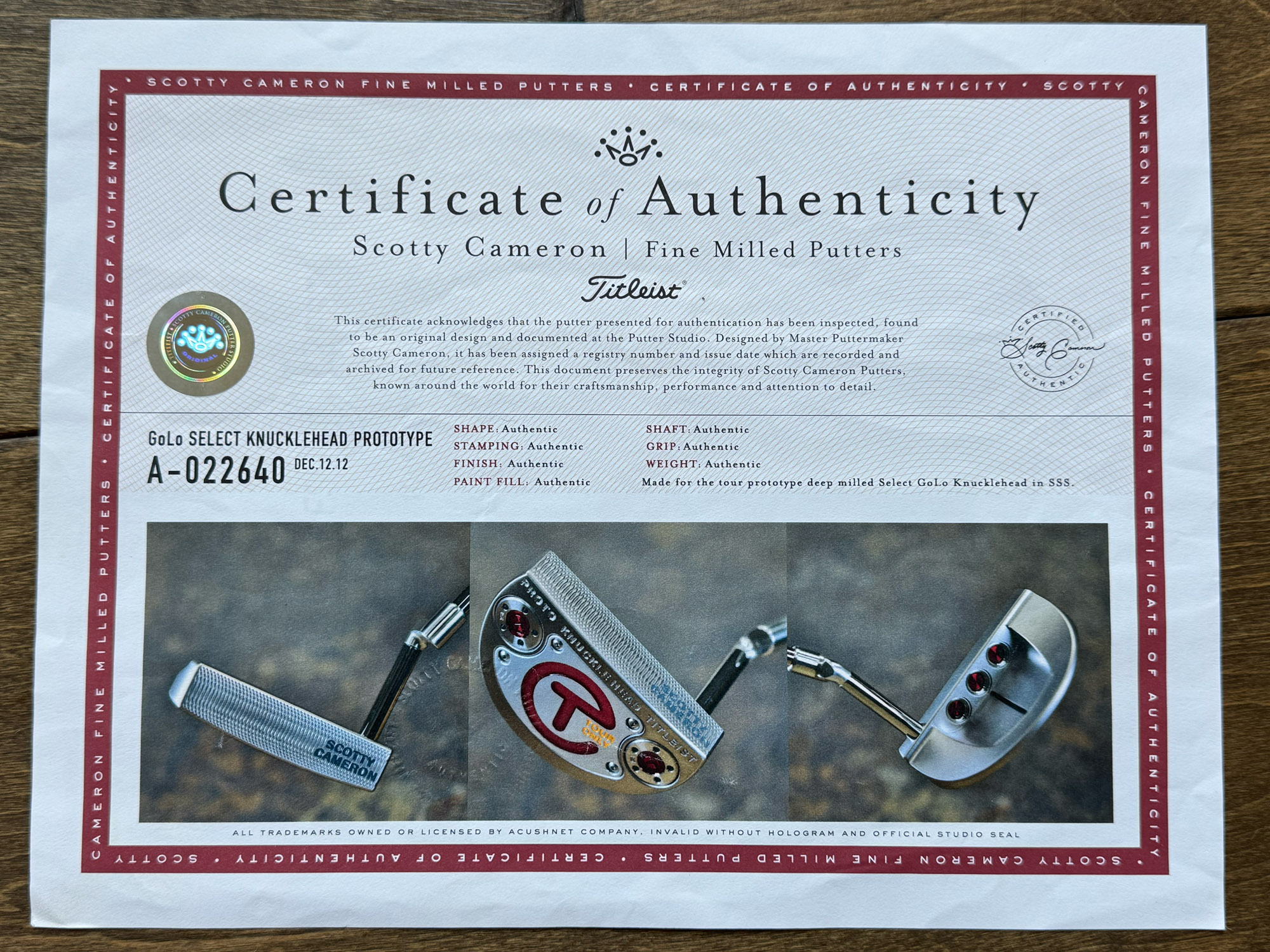 scotty cameron certificate of authenticity coa paperwork for circle t putter
