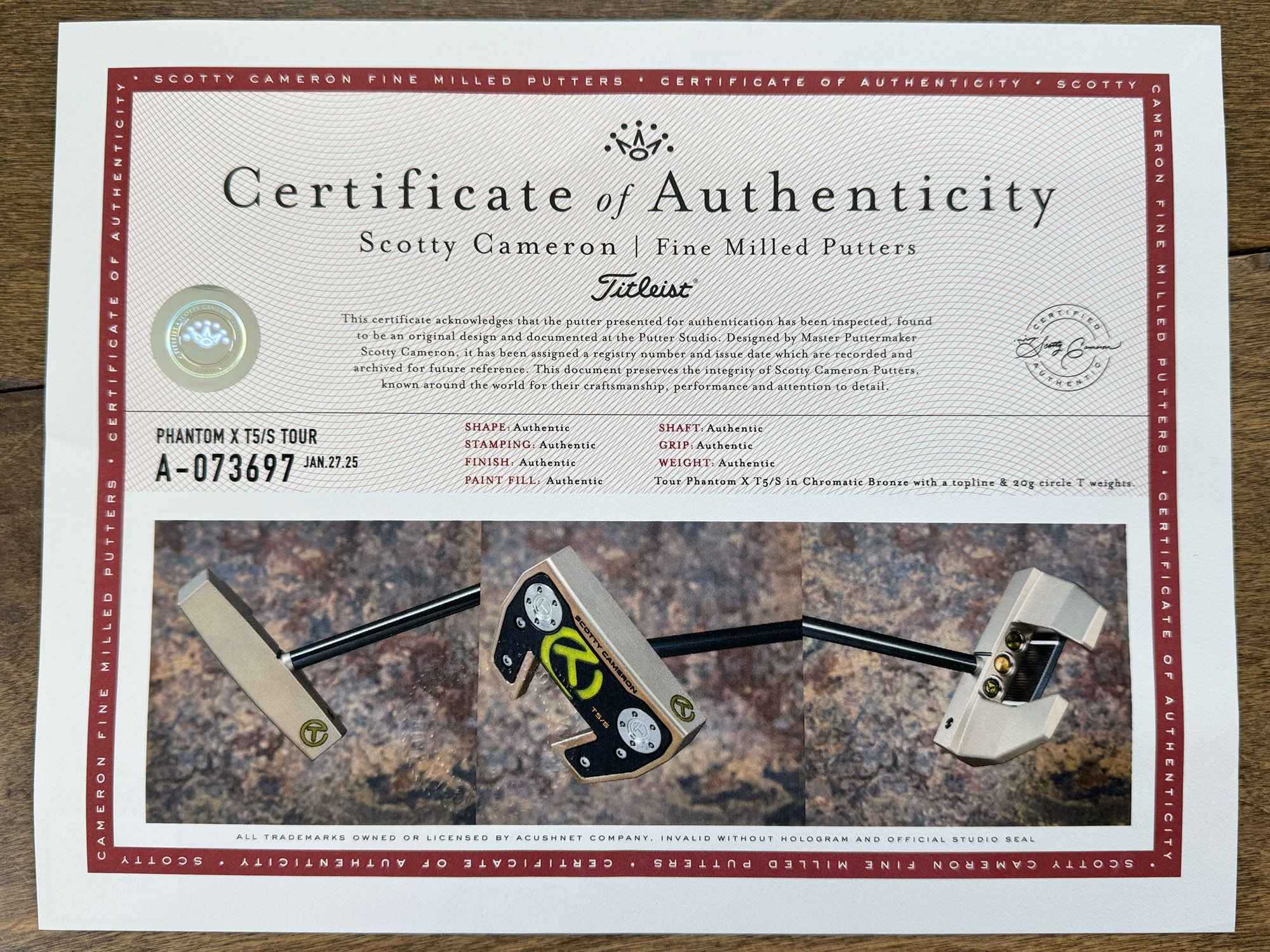 A073697, coa certificate from Tour Putter Gallery